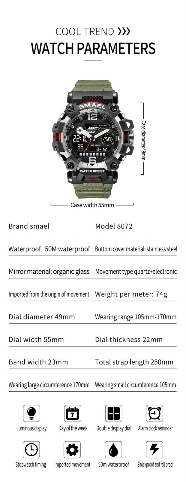 Montre Homme Numérique Analogique Sport Grand Visage Montres Homme Militaire Chronomètre 50M Etanche Multifonctionnel Montre
