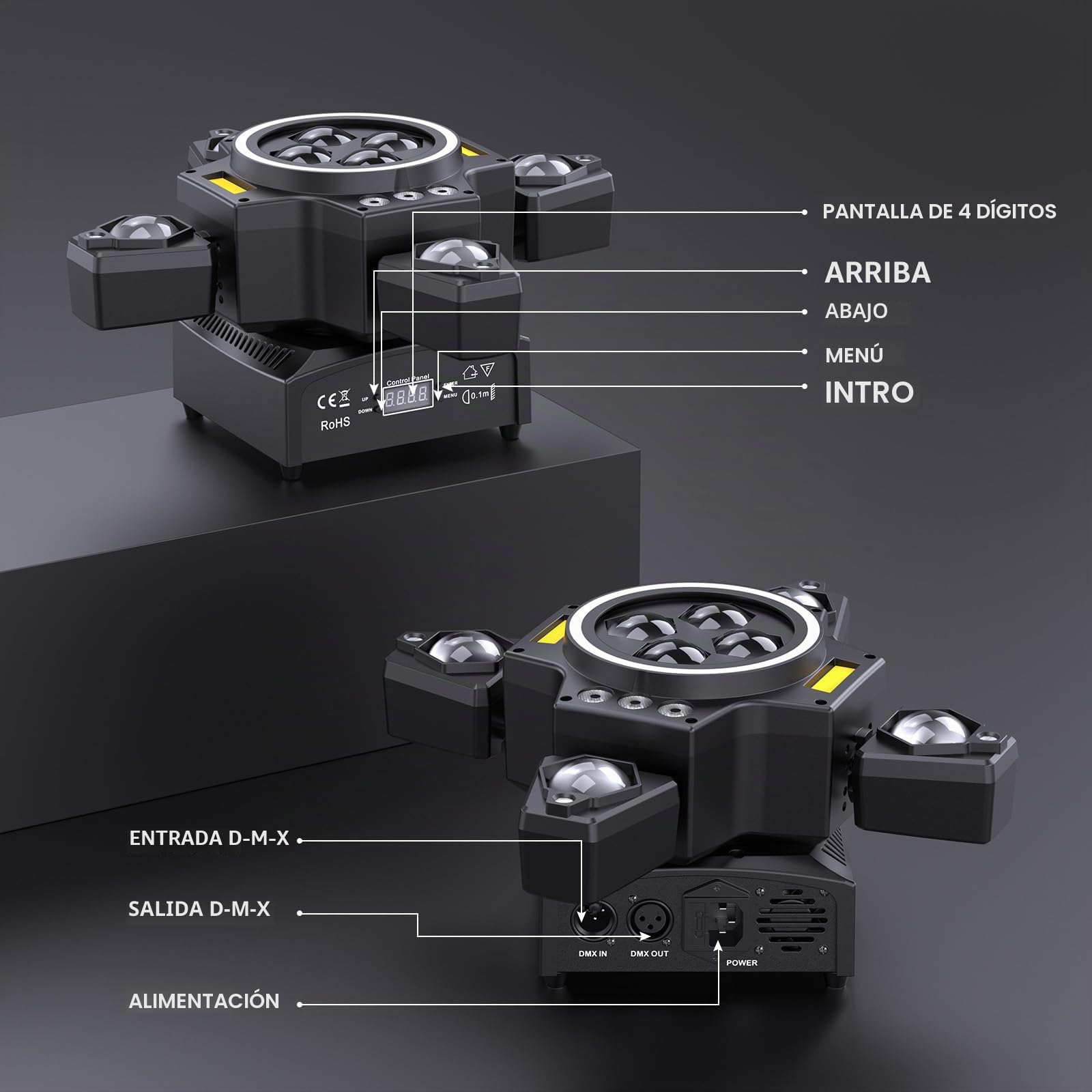 Cabeza Móvil 150W Luces de Escenario Beam con Control Remoto, Wash Luz de Discoteca LED RGBW Efecto de Iluminación Estroboscópica 4 Brazos DMX512 para DJ Discotecas Navidad Conciertos