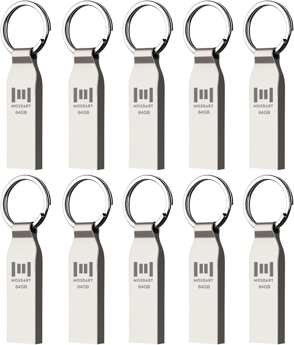 mosDART64GB Metal USB 2.0 Flash Drive 10 Pack Bulk Waterproof 64G Thumb Drive Jump Drive Pen Drive Memory Stick with Keychain,Silver