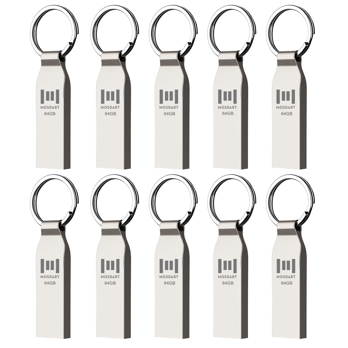 mosDART64GB Metal USB 2.0 Flash Drive 10 Pack Bulk Waterproof 64G Thumb Drive Jump Drive Pen Drive Memory Stick with Keychain,Silver