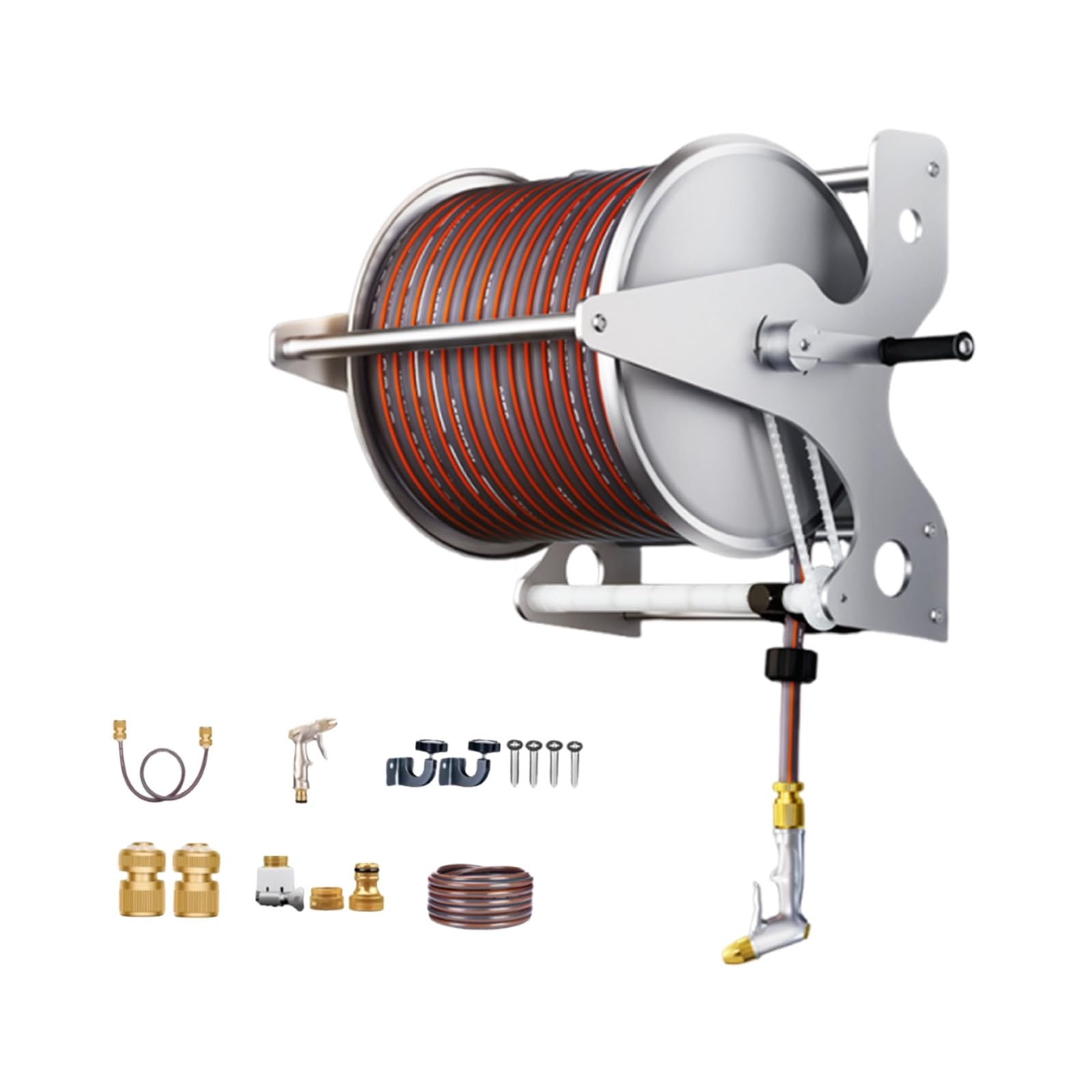 Heavy Duty Edelstahl Schlauchwagen, Wand & Boden Metall Gartenschlauchaufroller mit 5-Modi Spritze, Antirost Schlauchtrommel Kurbel Halterung Profi Set(50M/165FT)