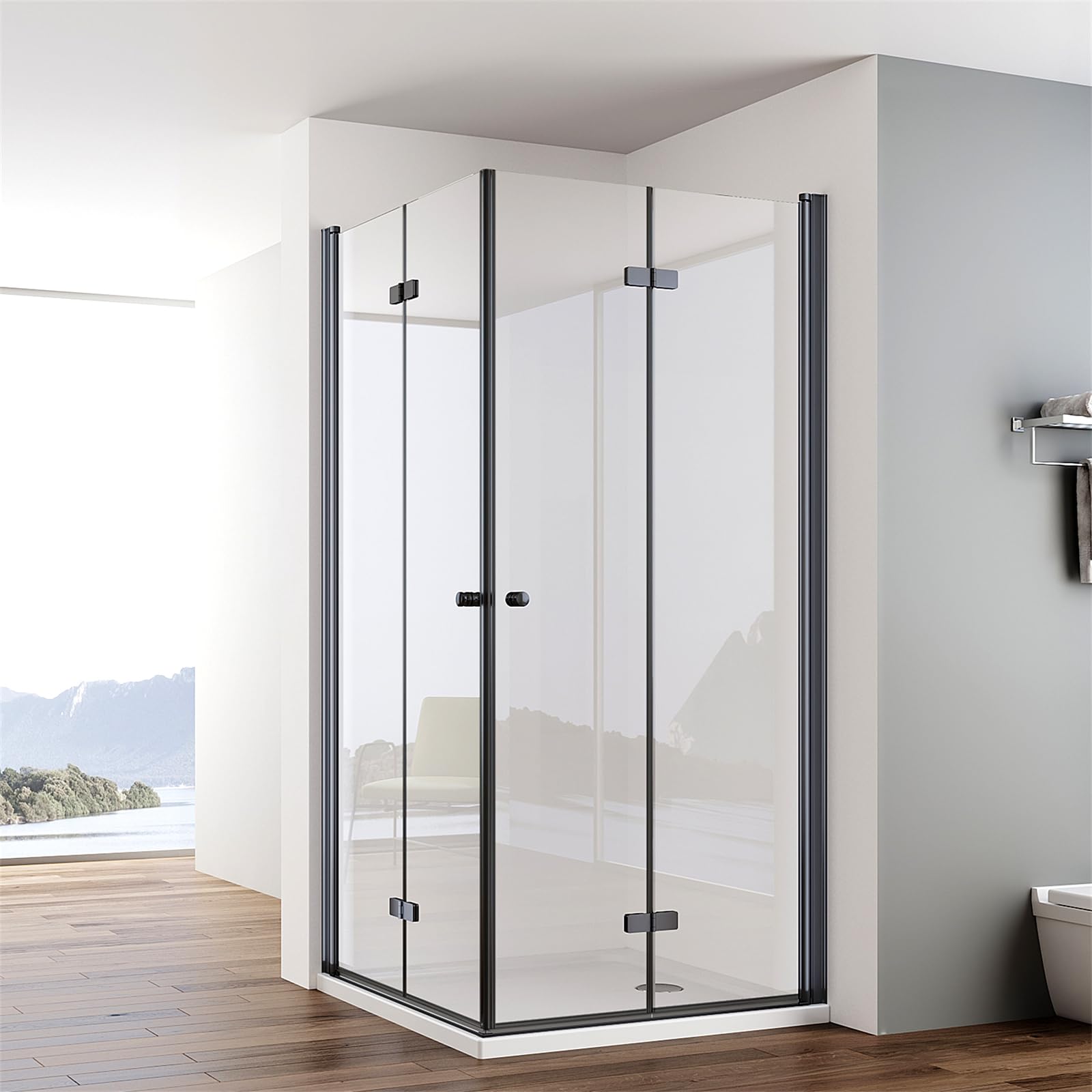 IMPTS Duschkabine Schwarz Eckeinstieg 90x90cm Falttür Doppel Drehfalttür Rahmenlos Faltdusche 180º Duschabtrennung Faltbar 6mm ESG Sicherheitsglas Höhe 185cm, OHNE Duschwanne