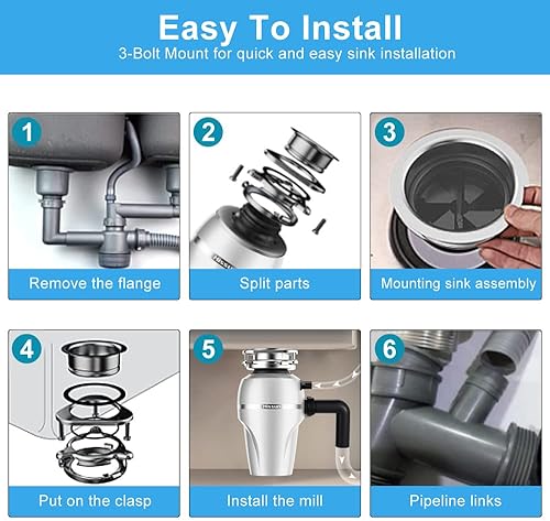 Miniatura 7 de HISSUN Eliminador de basura con cable de alimentación, 1 HP triturador de basura de cocina de alimentación continua, triturador de residuos de