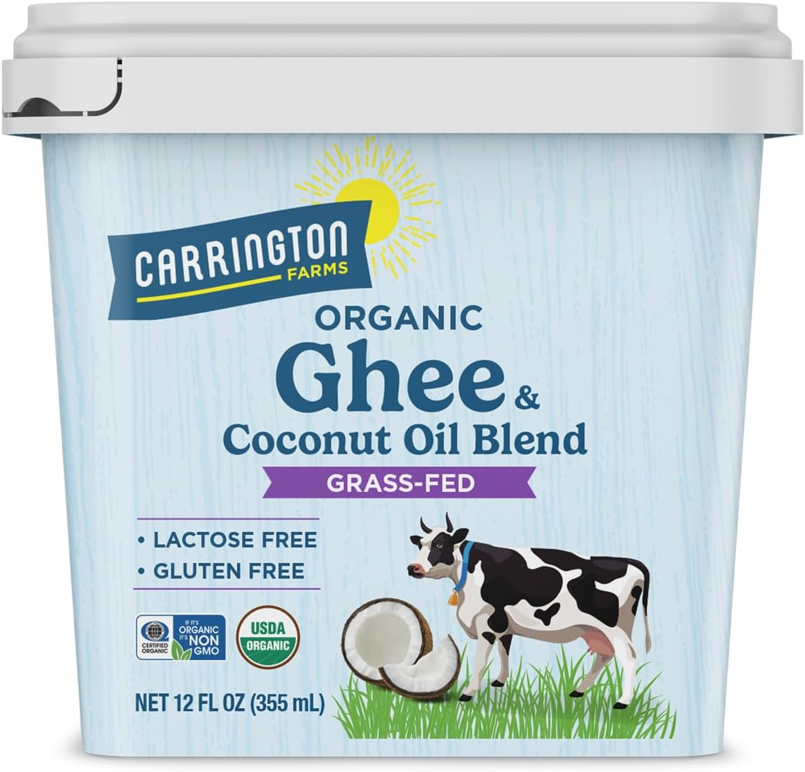 Carrington Farms Organic Grass-Fed Ghee 12 oz - Clarified Butter for High-Heat Cooking, Baking & Coffee | Lactose-Free & Casein-Free Butter Alternative | Keto, Paleo, Whole30, Non-GMO