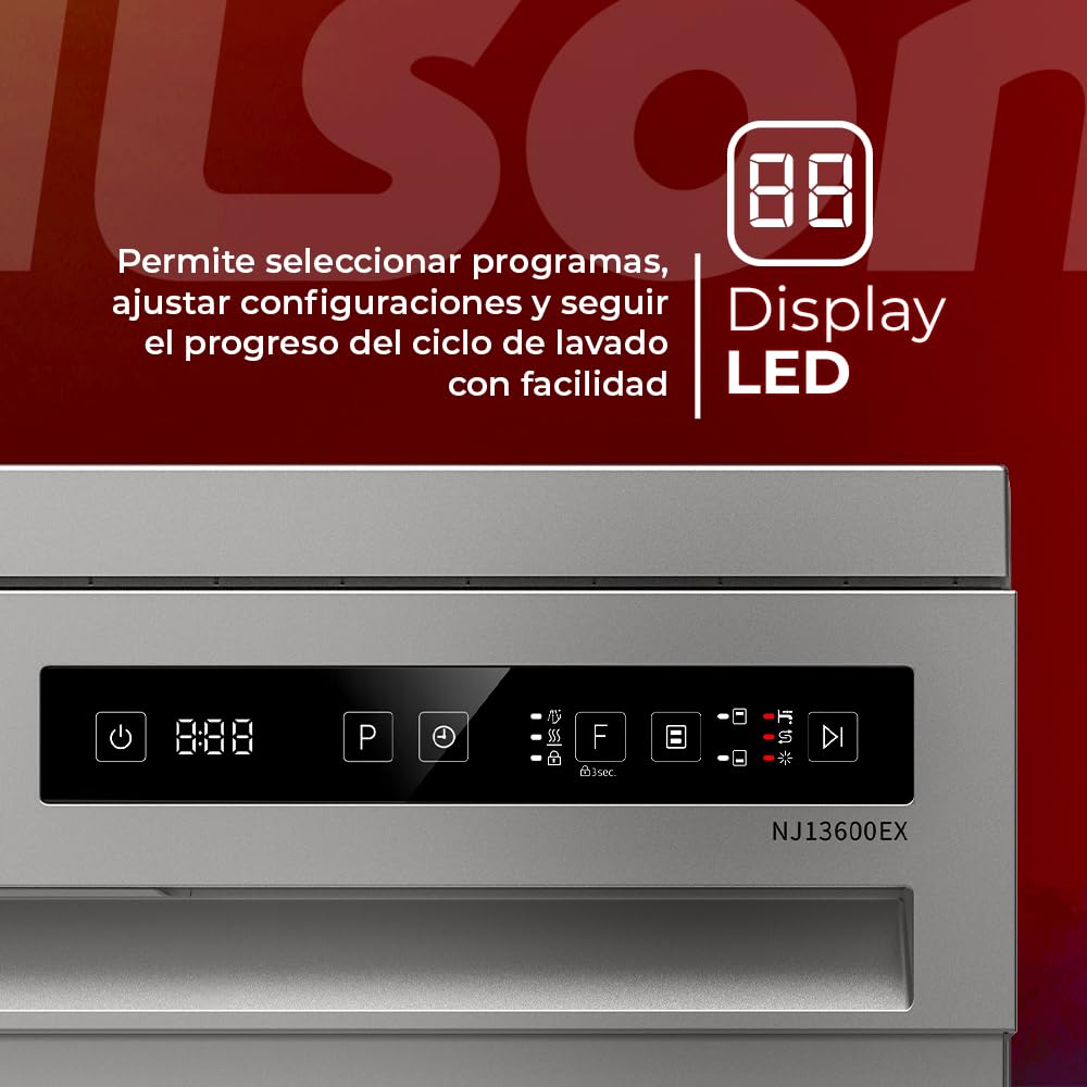 Nilson Lavavajillas 60cm Inox NJ13600EX. 1890W, 14 Cubiertos, 2 Bandejas, 6 Programas, Display LED táctil, Función Stop&Go, Eficiencia Energética Clase E — view 2