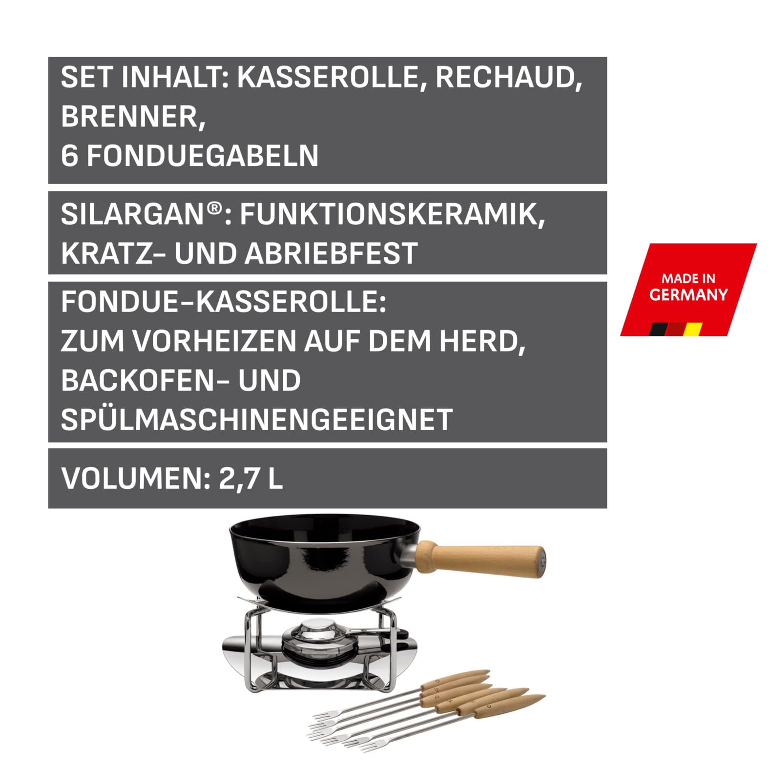 Silit Käsefondue Set 9-teilig, Fondue für 6 Personen, Silargan Funktionskeramik, Induktion, spülmaschinengeeignet, Fondueset, Kasserolle Rechaud Brenner Fonduegabeln