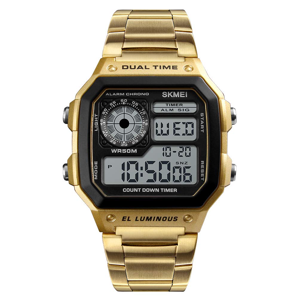 Reloj Hombres Lujo,Relojes Digitales de Lujo, Reloj de Pulsera para Hombre Cuadrado Relojes de Deportes al Aire Libre con Calendario de Alarma Impermeable Retroiluminación del Tiempo (Gold)…