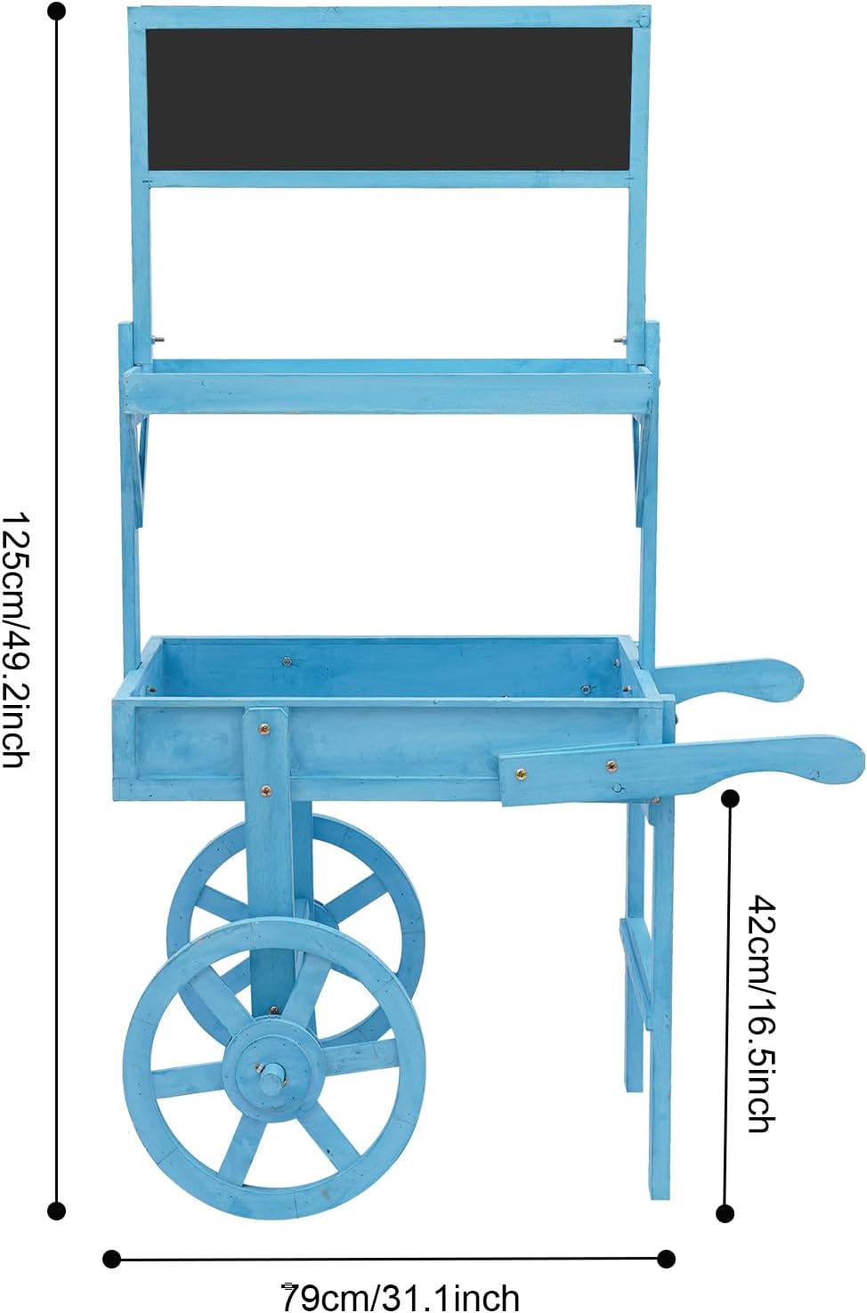 Antique Solid Wood Decor Display Rack Cart with Wheels, Large Country Market Wooden Rolling Plant Stand, Rolling Flower Cart for Display Various Flowers and Candy (Blue)