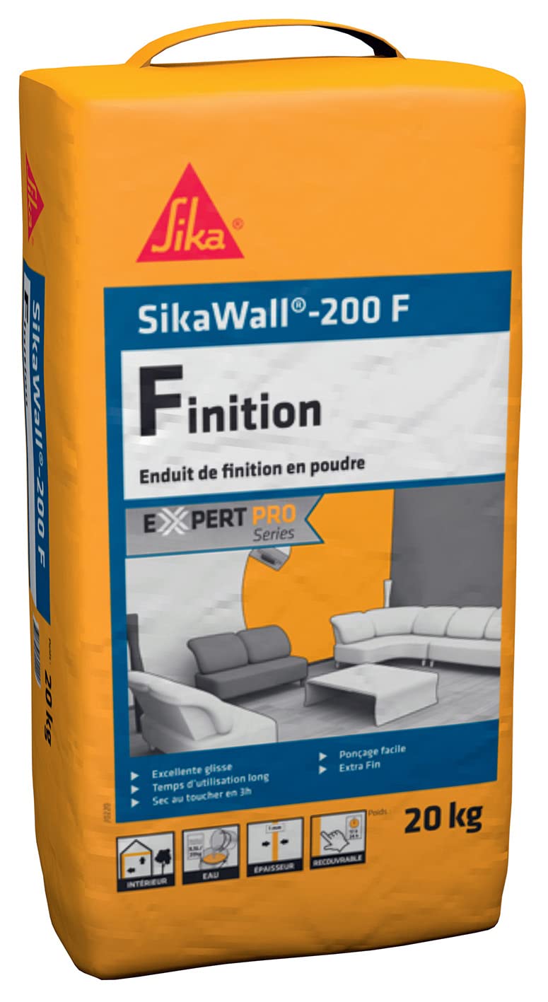 SIKA - SikaWall-200 F, Revestimiento de alisado y acabado en polvo a base de yeso, ideal para paredes y techos interiores, grosor fino 0,6-1mm, bolsa de 20kg, color blanco