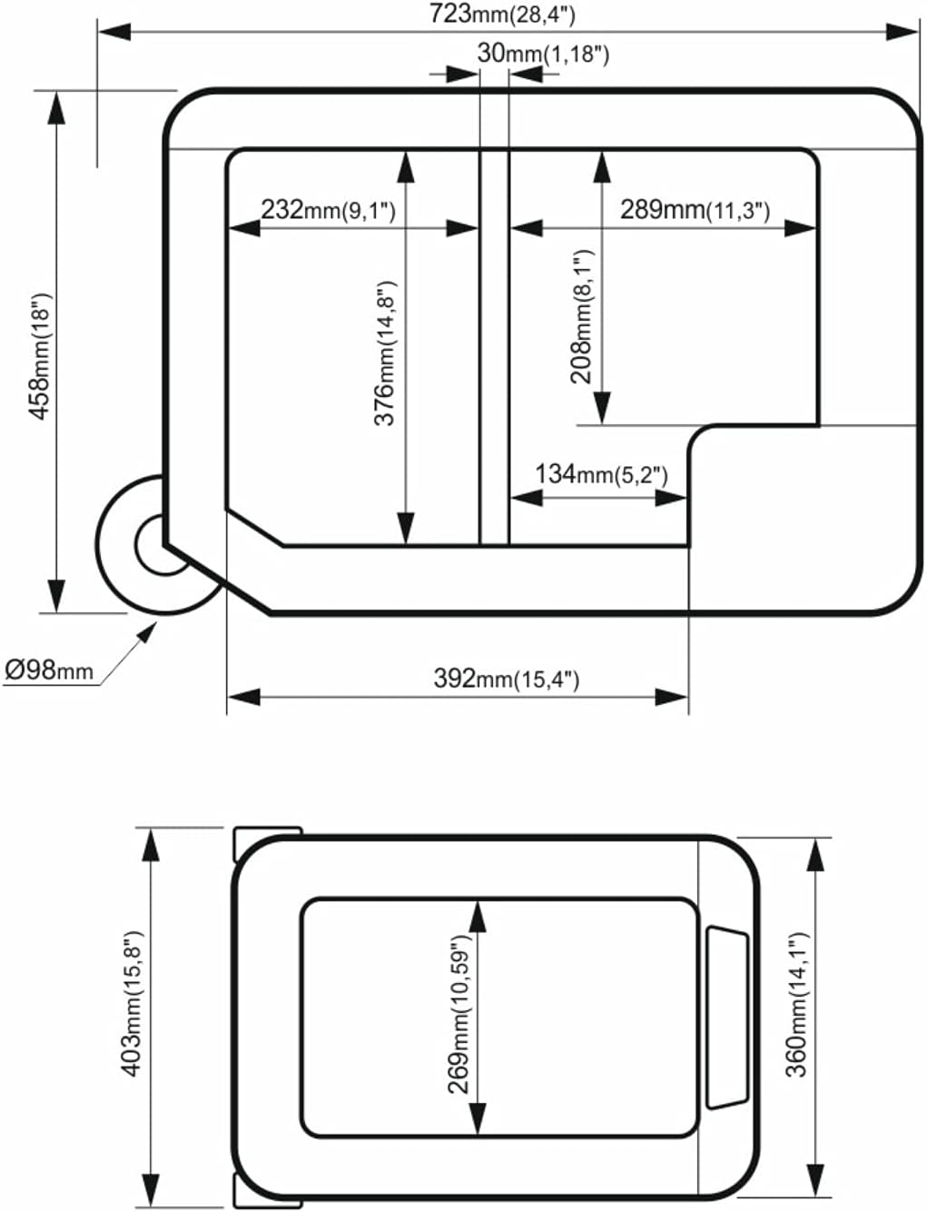 Technical diagrams of the Yeticool TX50 cooler, illustrating top and front views with detailed internal compartment dimensions.