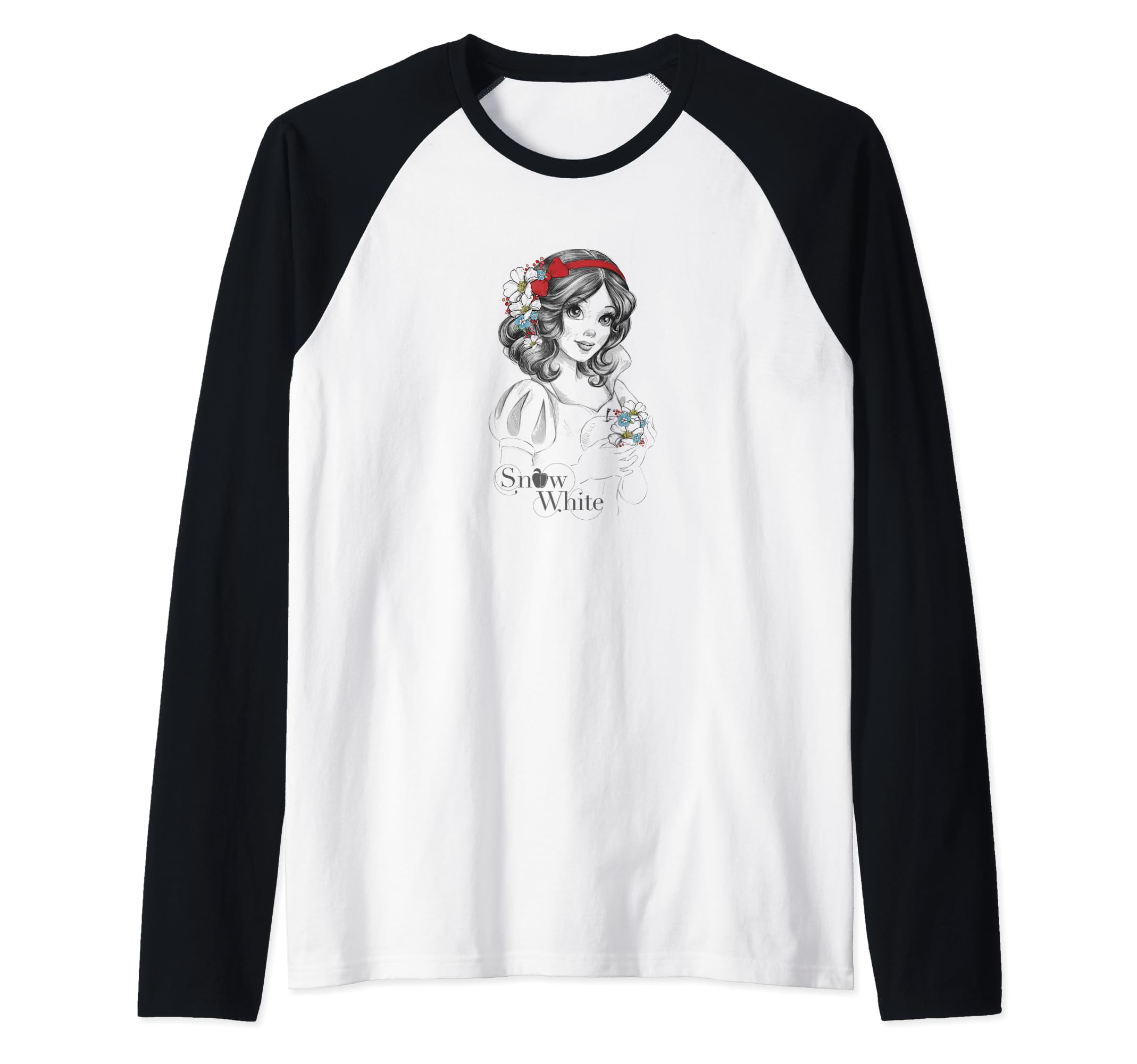 Disney Snow White Floral Sketch Logo Raglan Baseball Tee, Black