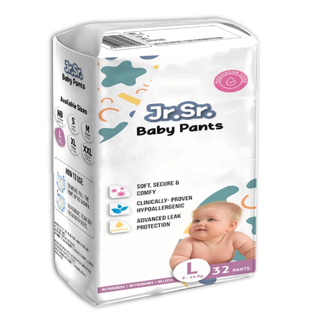 Jr. Sr. Baby Diaper Pants | 10-12 hr Absorption with Advanced Leak Protection | Safe For Babies Skin | Soft, Secure & Comfy (L, 32, count)