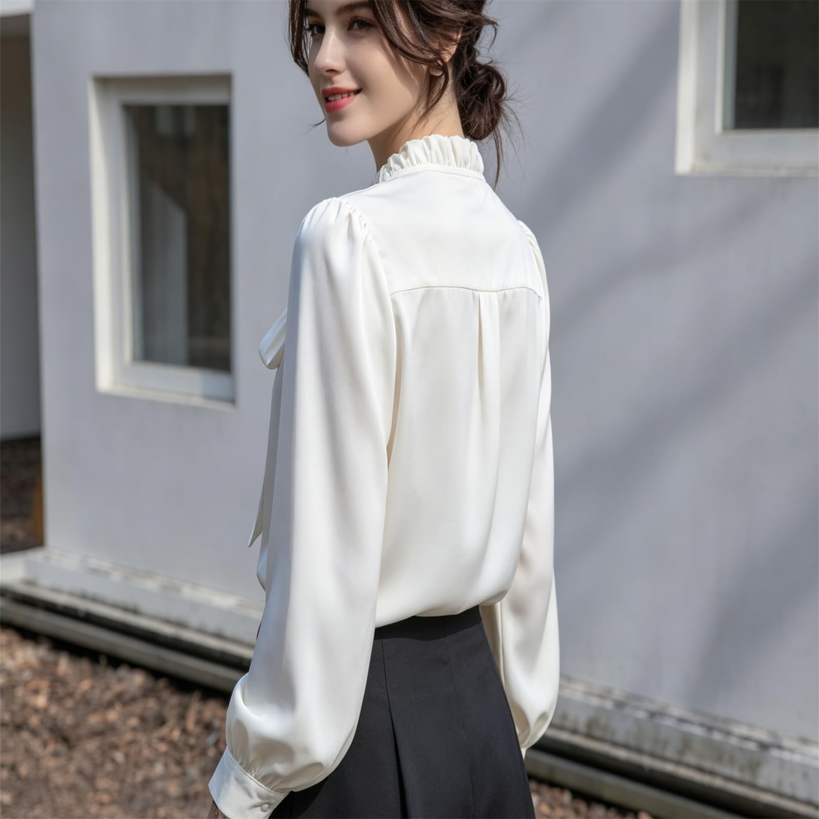 Camicie da donna in raso a maniche lunghe con fiocco, camicia leggera casual elegante per feste, balli scolastici, ufficio, lavoro