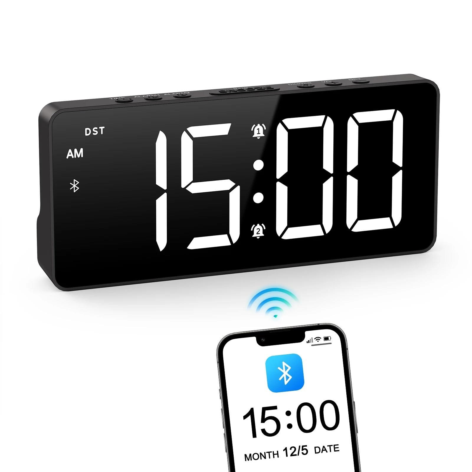 ORIA Digital Alarm Clock 7'' LED with Bluetooth Sync Time Bedside Auto for Home Office Use