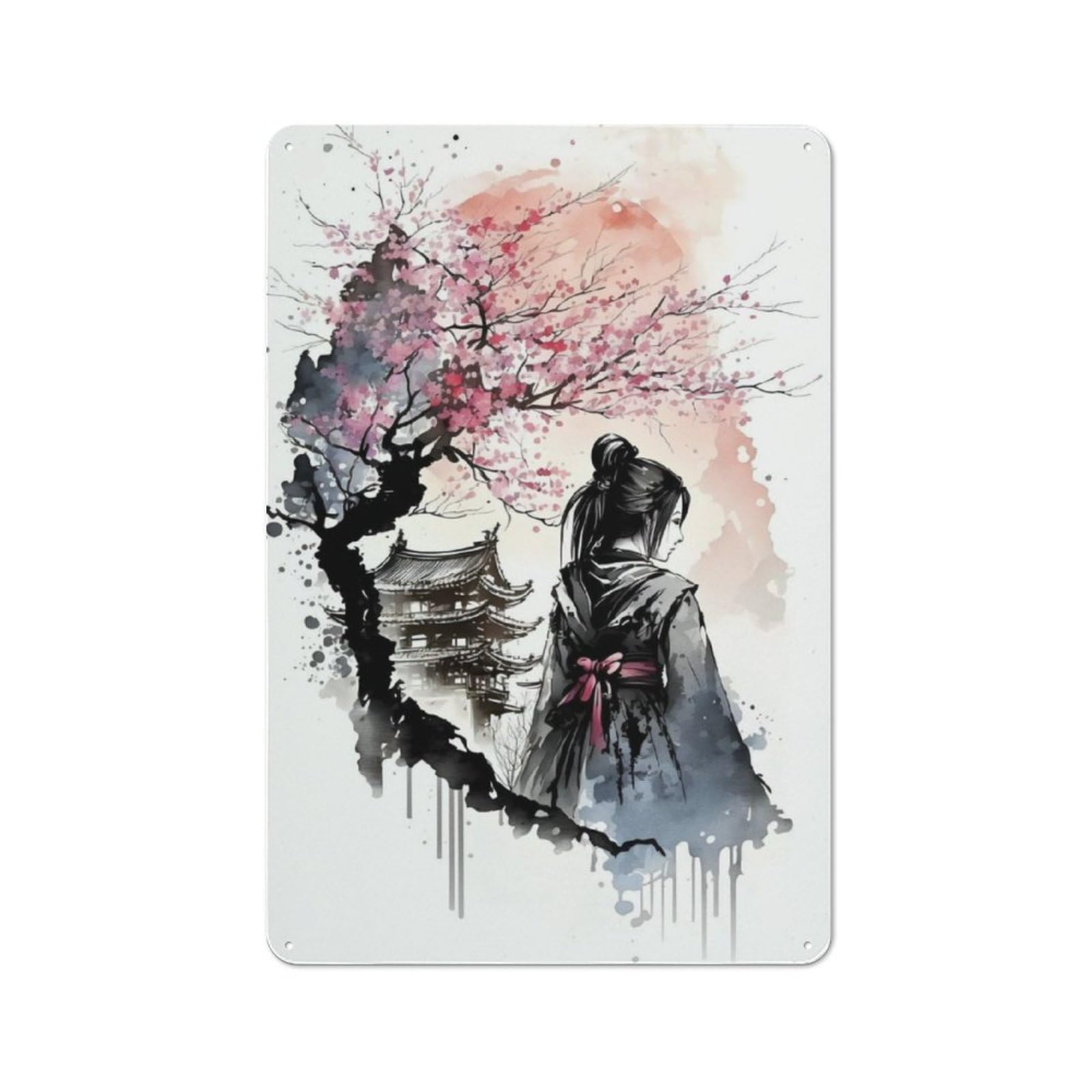 Junmoney Geisha Cherry Blossom Printed Metal Sign 30X20cm For Hallway Wall, For Living Room And Hallway Decor, For Home Office And Studio Walls