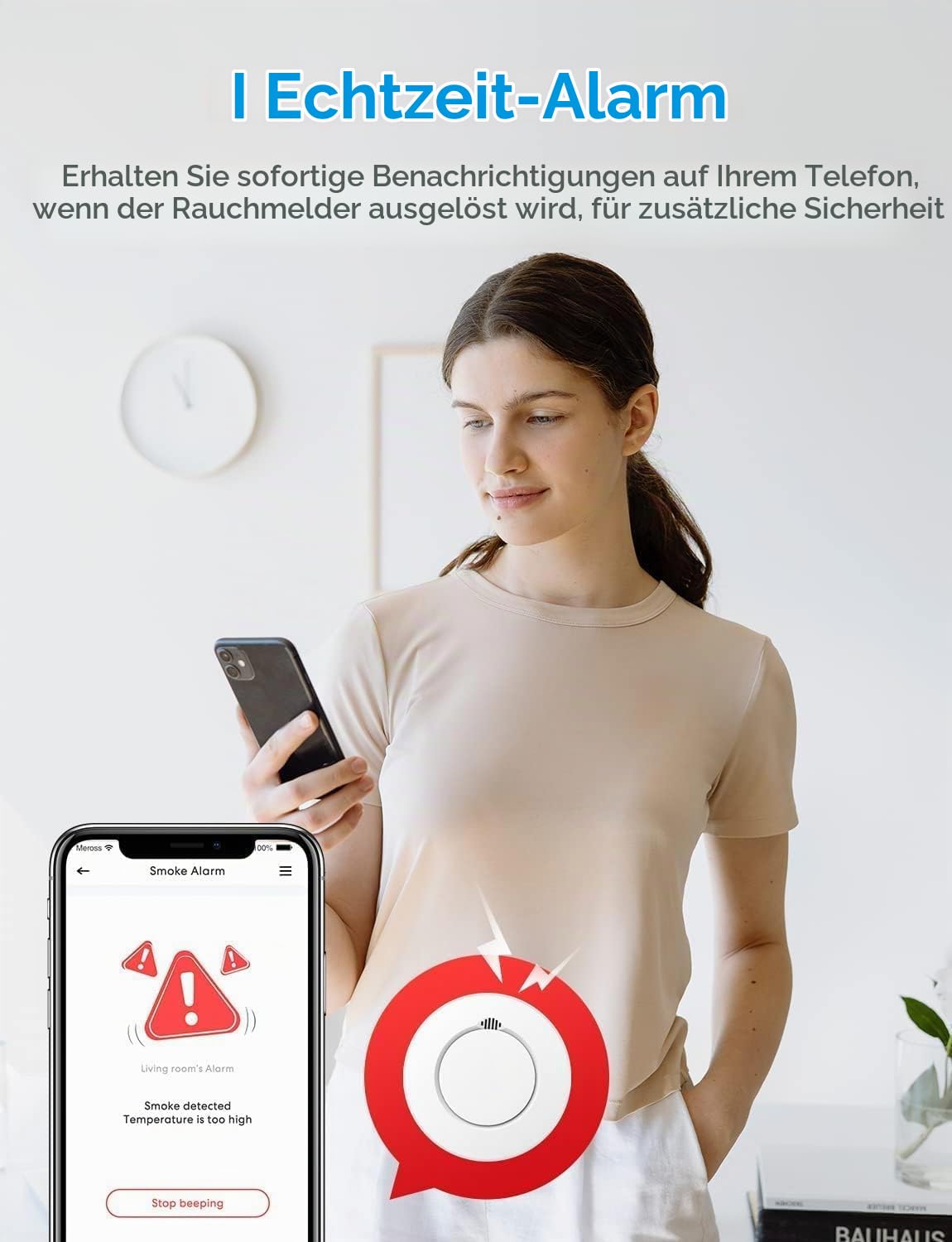 Meross WLAN Rauchmelder / Feuermelder mit Hub funktioniert mit Apple HomeKit Schlafzimmertauglich Brandmelder mit Stummschaltung und Selbsttest Funktion Geprüft nach DIN EN 14604,Start Kit mit Hub