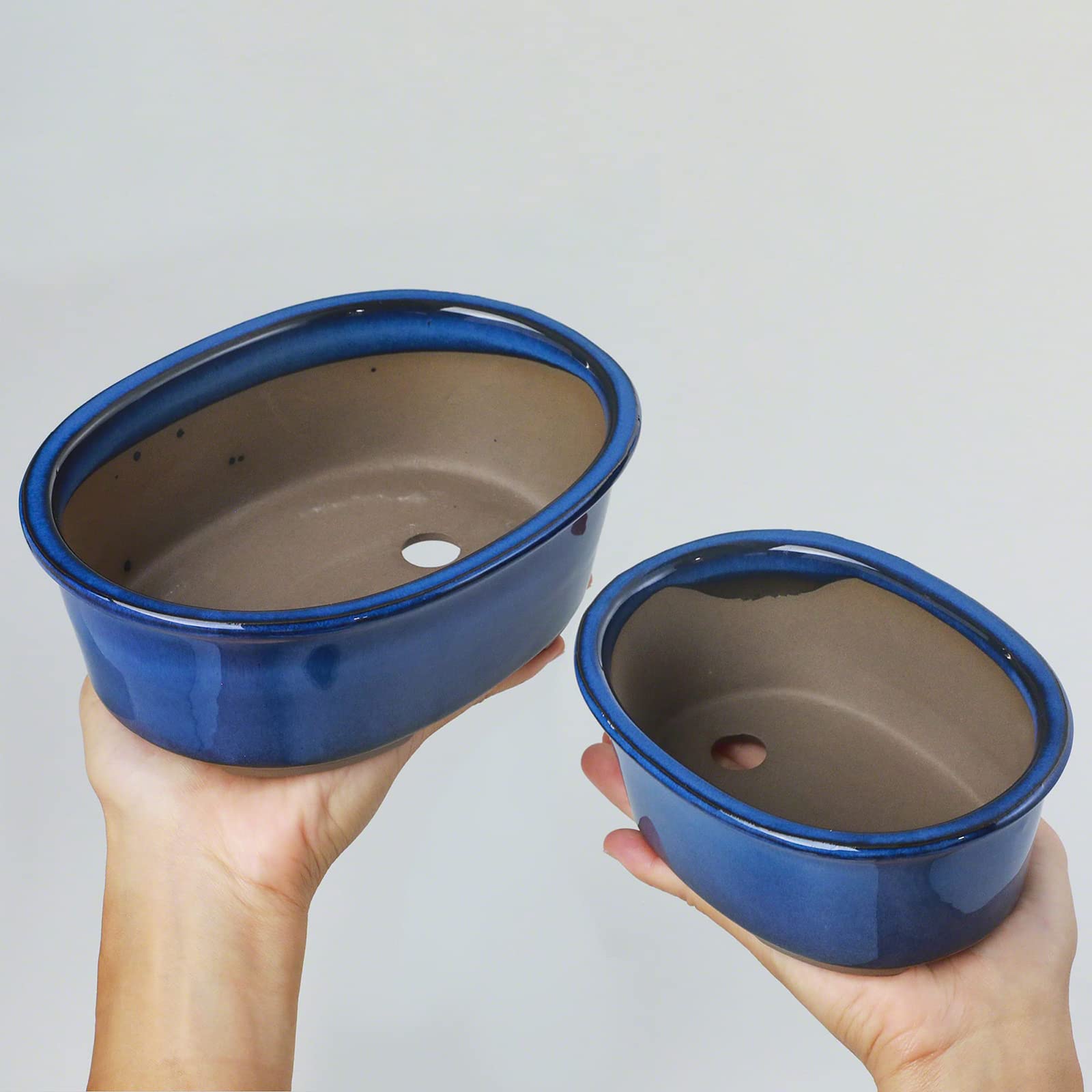 Wazakura Serie Banko Set di 2 Vasi per Bonsai Fatti a Mano con Fori di Drenaggio Realizzati in Giappone, Vasi Decorativi Ovali per Fiori, Ciotole Smaltate per Piante da Interno - Set Blu 2 Pezzi
