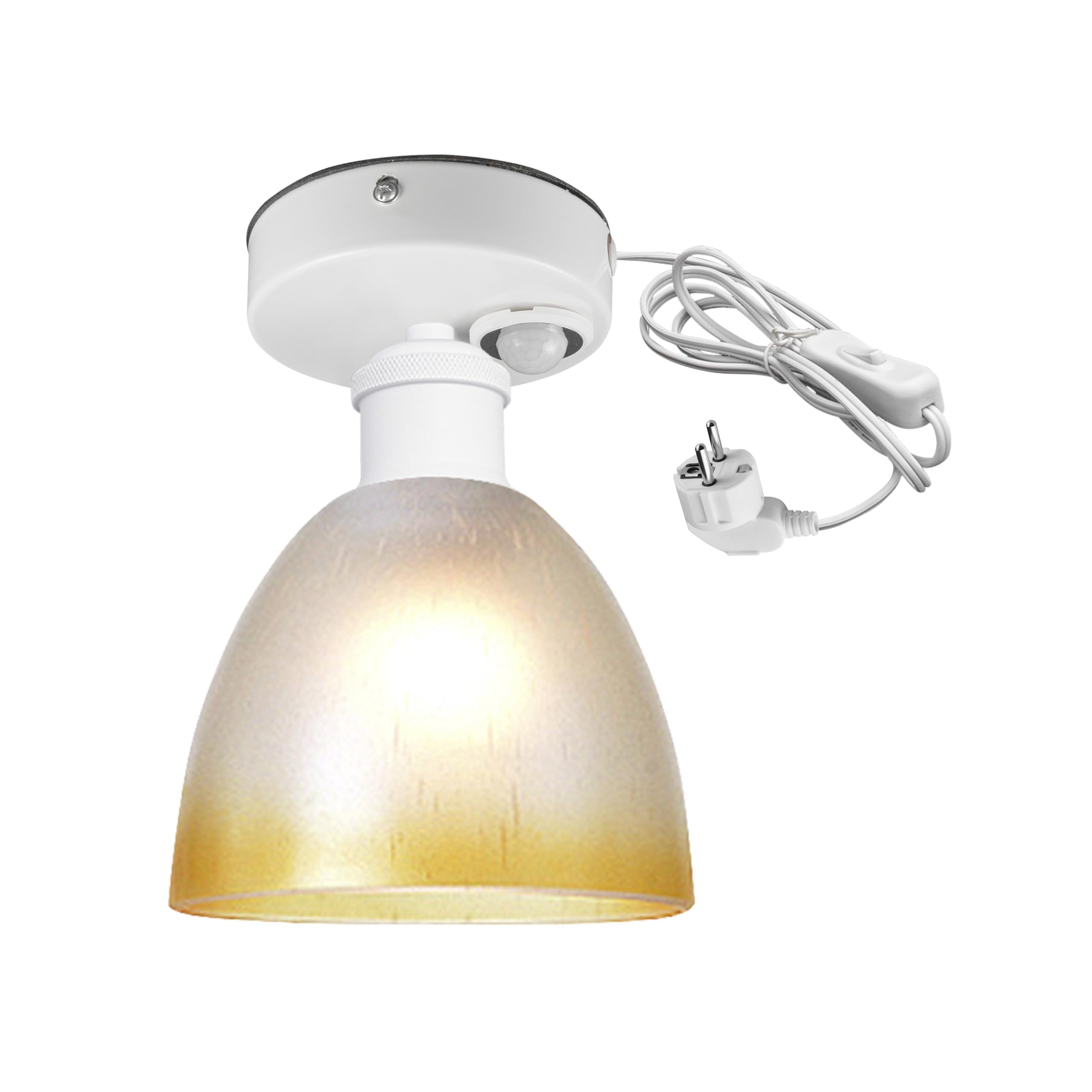 Plafoniera con sensore di movimento interno, moderna lampada da soffitto in vetro, sensore di movimento radar con cavo da 4,5 m e portalampada E27, per corridoio, bagno, scale, garage, bianco