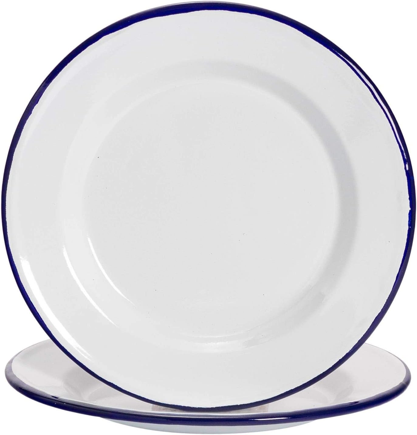 Argon Tableware Premium White Enamel Dinner Plates - 219mm / 9" - Blue Trim - Pack of 2