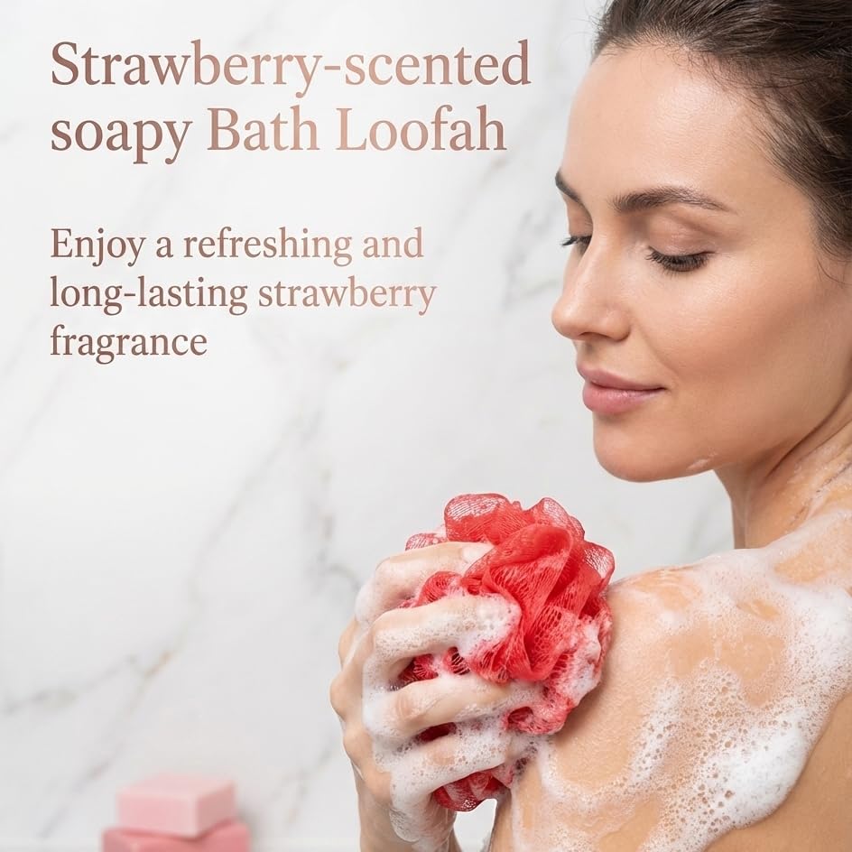 Bath Shower Loofah with Strawberry-Scented Soap – Soft & Exfoliating Body Scrubber, Soap-Infused Loofah, Luxurious Spa Experience, Durable (Red - Strawberry, Medium (Pack of 1)) - Image 3