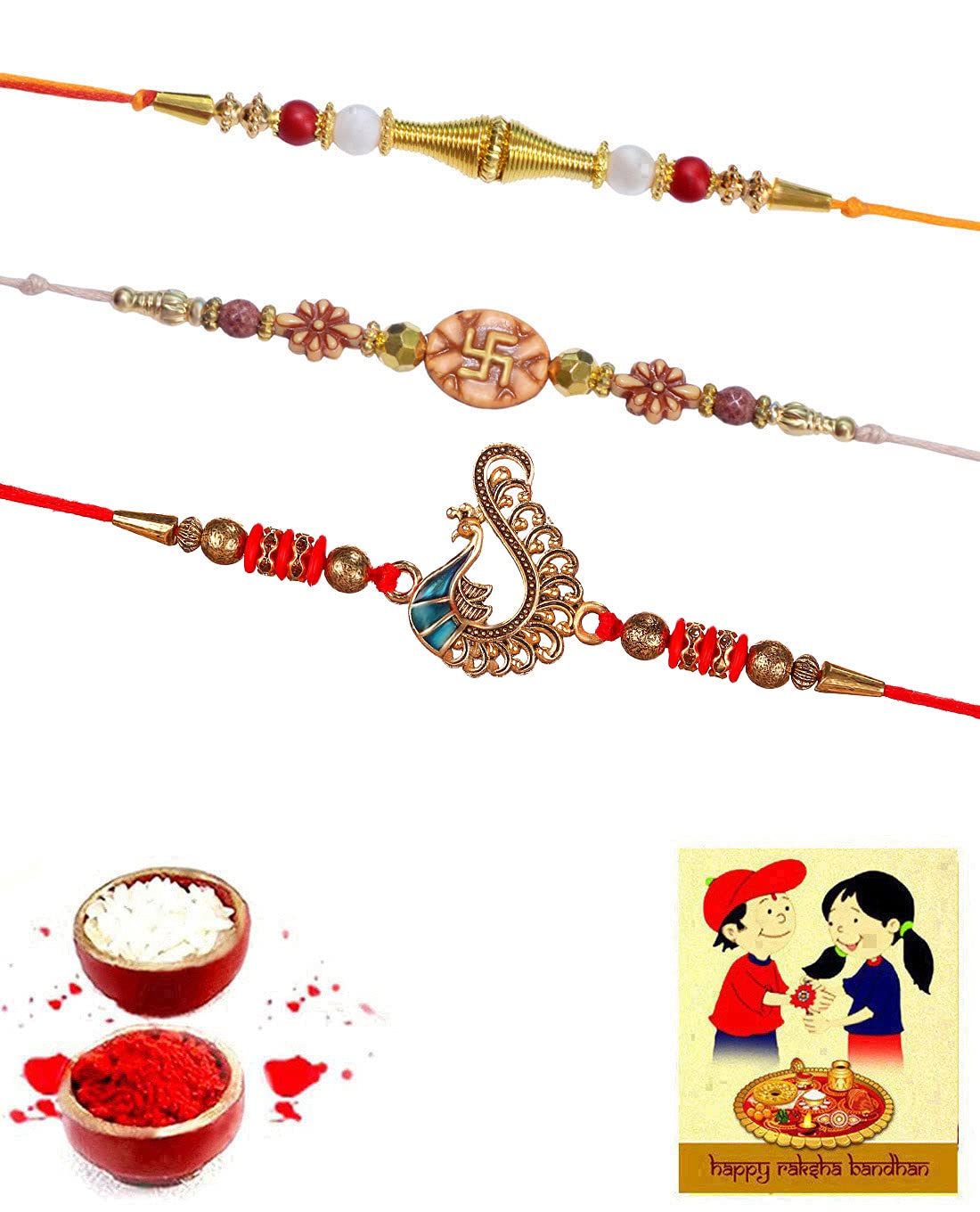 THEALLYThree Designer Rakhi Gift Set With Greeting Card and Roli Chawal for Tilak -4044