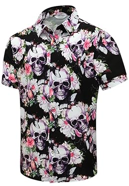 AMAZON - SheLucki Hawaiian Shirt for Men, Unisex Summer Beach Casual Short Sleeve Button Down Shirts, Printed Palmshadow Clothing Skull Pink 4XL