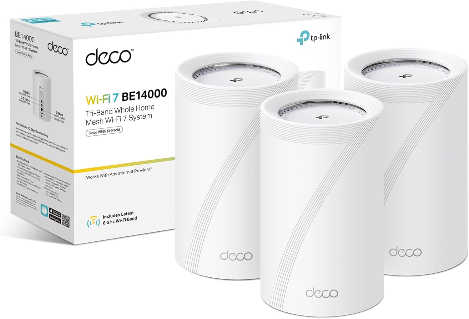 2026 New TP-Link Deco BE68(3-pack) BE14000Mbps Tri Band Mesh WiFi 7 System, 10 Gigabit Port, 8100 ft2 Whole Home Coverage, 200+ Devices Connection, Extender Booster, VPN, APP Setup, GoogleHome/Alexa