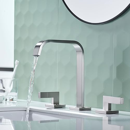 Miniatura 10 de TRUSTMI Grifo de baño dorado, grifo de lavabo de baño de 2 manijas y 8 pulgadas, grifo de baño de latón de 3 agujeros, grifo de tocador cuadrado