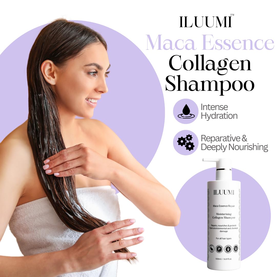 Maca Essence Repair Premium Hair Shampoo. Collegen Repair, Strengthens, & Nourishes All Hair Types. Paraben-free, Sulfate-free, Colour-safe, 500ml/16.9 fl oz.