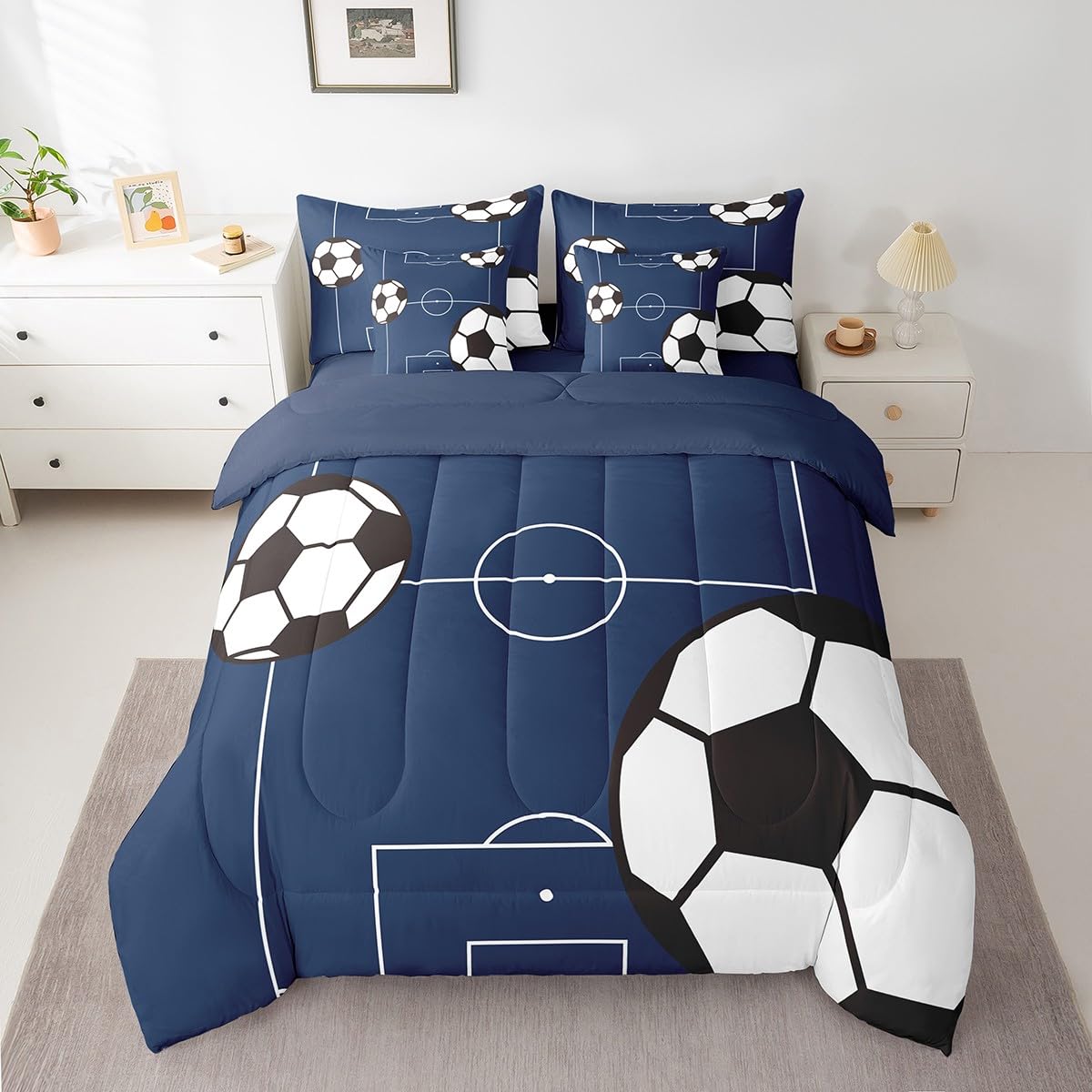 Feelyou Football Bedding Set Twin Size 7 Pieces Kids Soccer Ball Pattern for Boys Girls Teens Sports Theme Football Court Bed in a Bag with Comforter, Sheets, Pillowcases & Cushion Cover