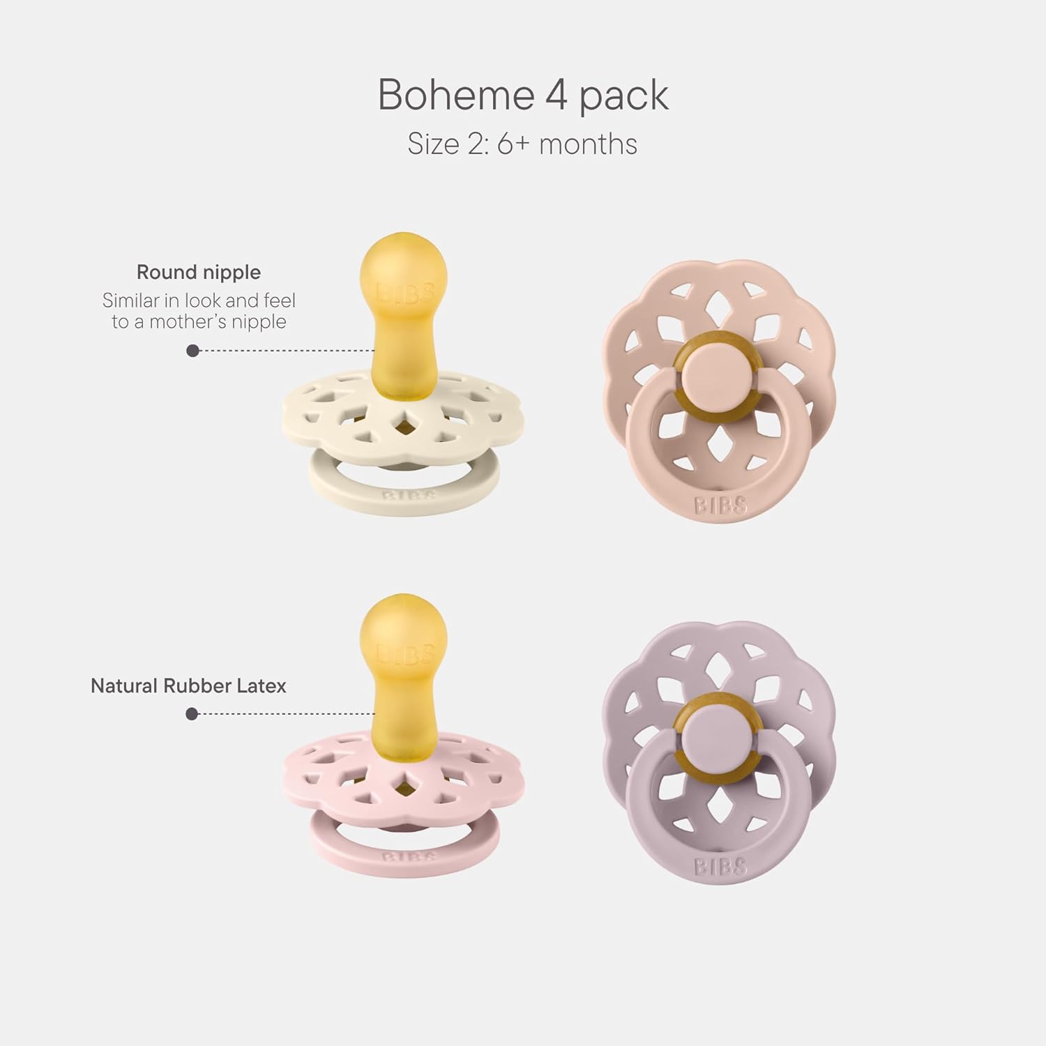 BIBS Boheme Soother 4-Pack. BPA Free Dummy Pacifier, Round Nipple. Natural Rubber Latex, Made in Denmark, Size 2 (6-18 Months), Dusky Lilac Mix