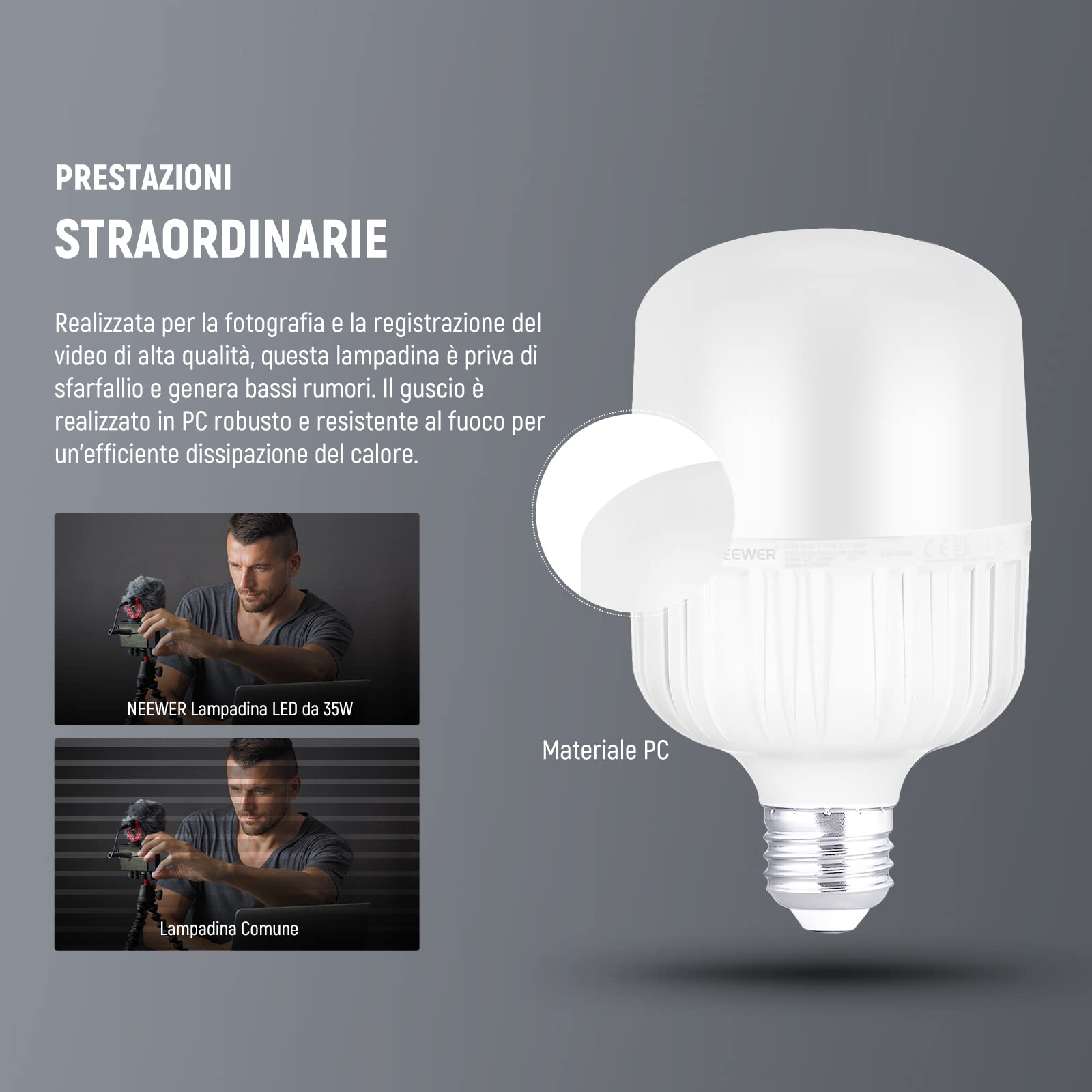 Neewer Lampadine LED E27 da 35W, 2 Confezioni, 3450 Lumen/5700K/CRI 93+/Durata 15000h, Illuminazione Video Fotografia Luminosa, Silenziosa/Senza Sfarfallio/Non Dimmerabile, Equivalente Lampadina 350W