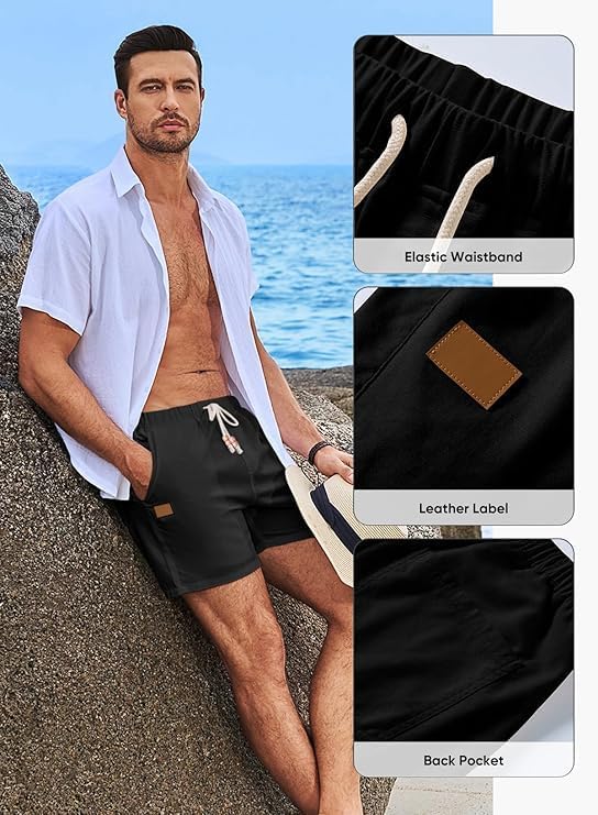 Mens Casual Beach Shorts Elastic Drawstring Waist Cotton Linen Shorts with Pockets - Image 7
