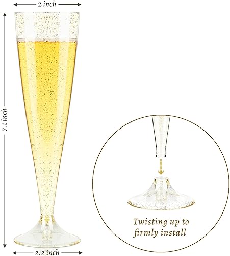 Miniatura 3 de TOFLEN Copas de champán de plástico, 50 unidades de 4.5 onzas, copas de champán con tallo de purpurina dorada desechables, vasos de plástico