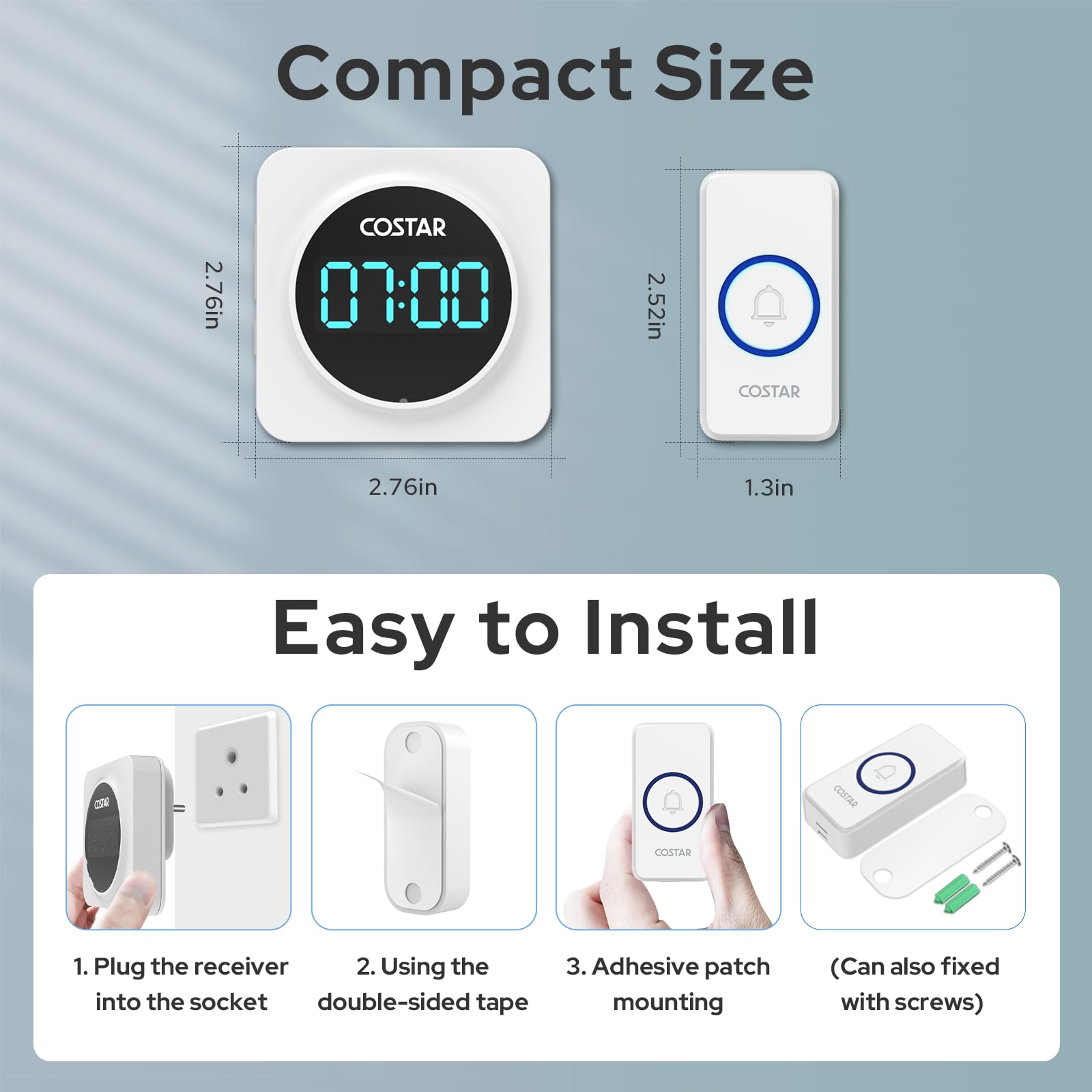 Costar Door Bell - Calling Bell Wireless with 24-Hour Time Display, Wireless Doorbell for Home, 1000ft Range Operating with 58 Chimes, 5 Levels Adjustable Volume(Pebble 705 White 2 Push Button) 4