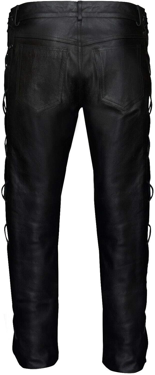 Mens Leather Motorcycle Trousers Classic Cowhide Black Biker Jeans with Laces