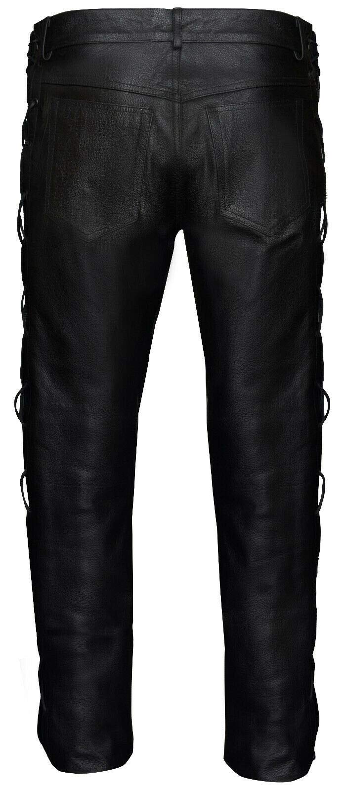 Infinity Leather Pantalones de Moto de Cuero para Hombre Vaqueros Clásicos de Piel de Vaca Negra con Cordones