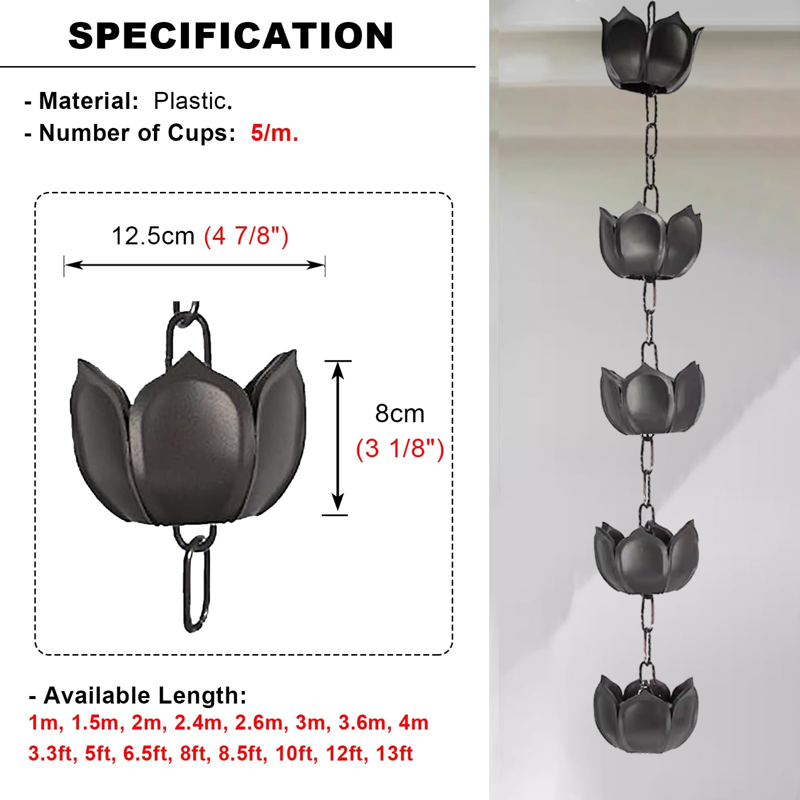 Chaîne de Pluie Lotus pour gouttière, chaîne de Pluie pour Toit de Cour, ca(300cm (10ft))