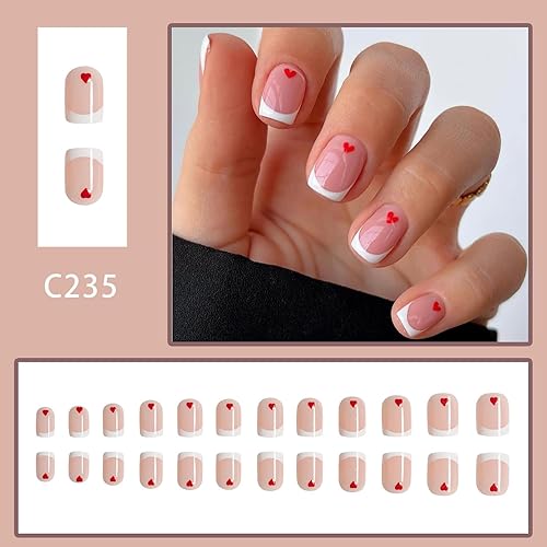 Miniatura 2 de 24 uñas postizas a presión para el día de San Valentín, uñas postizas cuadradas de corazón corto con diseños de punta francesa, uñas postizas de