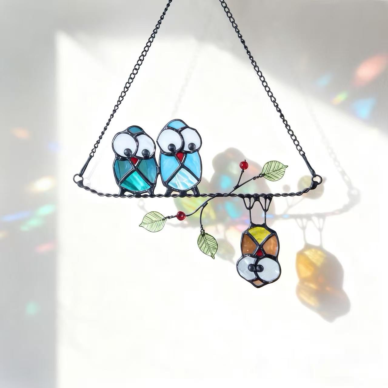 Stained Glass Birds,owl,Stained Glass Window Hanging,Multicolor Owls on The Living Tree with Green Leaf and red Berries,Bird suncatcher for Windows