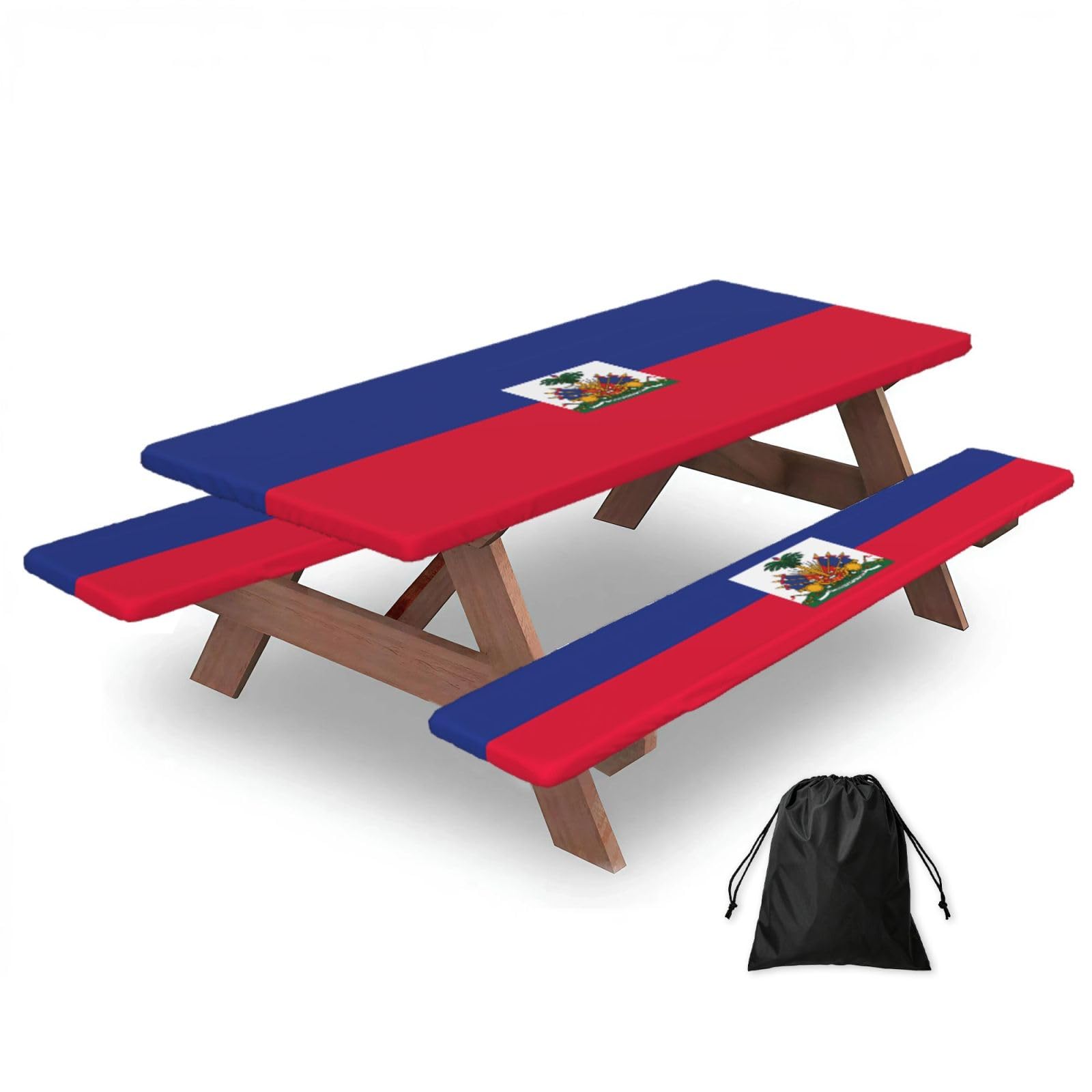Hhbiuuo Black 72In Camping Table Cover & Bench Covers 3-Pack Set, Haitian Flag Print Tablecloths, For Rectangle Tables Picnic