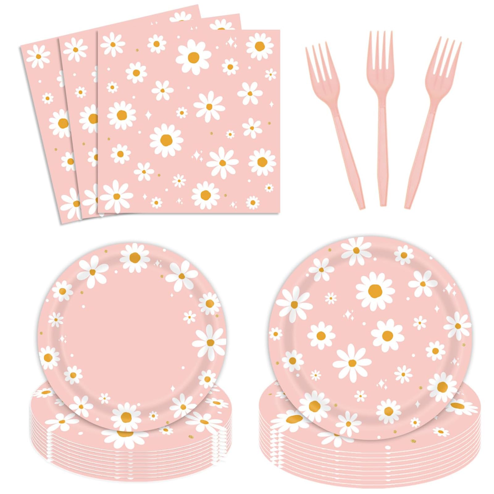 ALMEKAQUZ Daisy Birthday Party Tableware Set - Include Paper Plates Napkins Forks, One Two Groovy Disposable Party,Supplies Decorations for Girl Birthday,Baby Shower Serve Guests(168PCS)