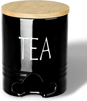 Farmhouse Ceramic Tea Bag Holder with Wood Lid for Countertop Black