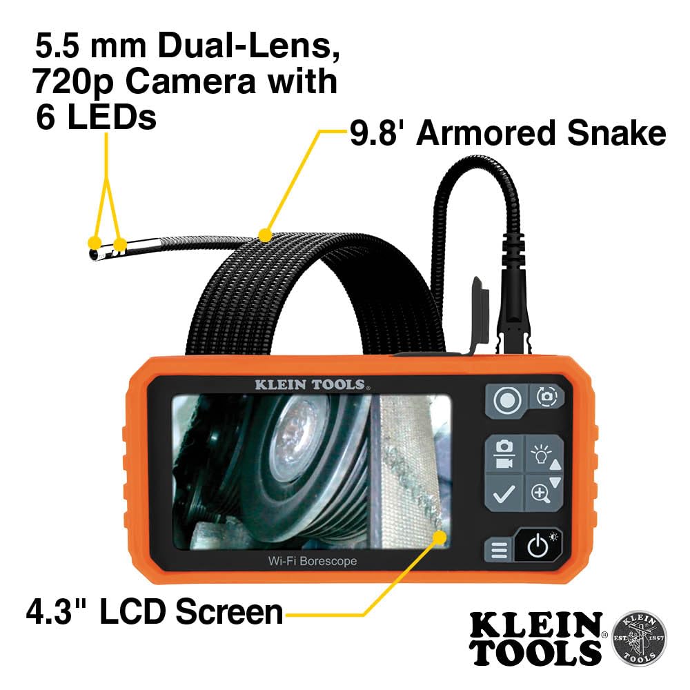 Klein Tools 69473 Borescope, 9 mm 10-Foot Armored Waterproof Gooseneck Snake, LED Lights, Endoscope Digital Inspection Camera for Android Phones