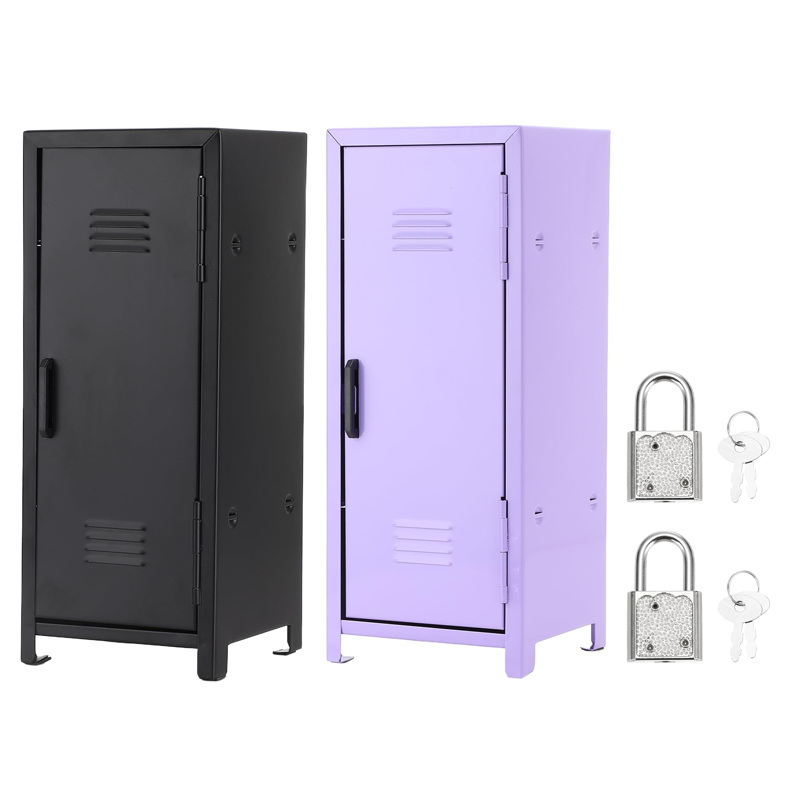 PATIKIL Mini Locker 4.3 x 10.8 Inch, 2 Pcs Small Locker with Lock Keys, Real Little Desktop Metal Money Safe Storage Box Security Organizer Cabinet for Desk Bedroom Money Coin Black/Purple