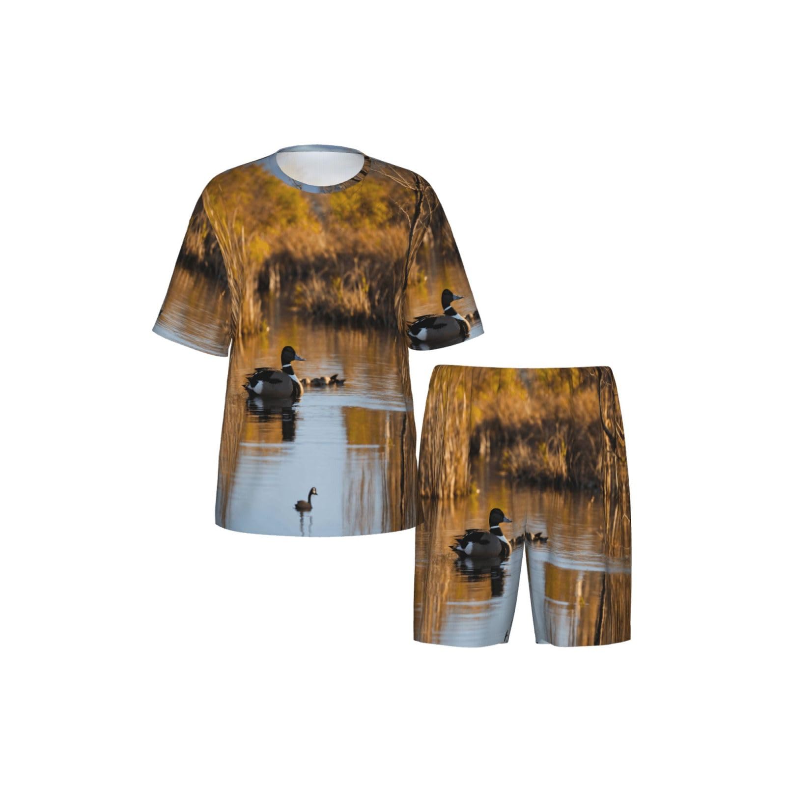 Loon Nature - Pigiama da uomo con stampa uccellini, comodo set pigiama da uomo con pantaloncini, perfetto per le notti estive