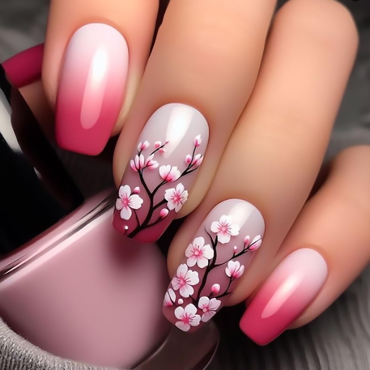 Flowers Press on Nails Medium Square Fake Nail Pink Gradient False Nails Acrylic Flora Glue on Nail l for Women 24 Pcs
