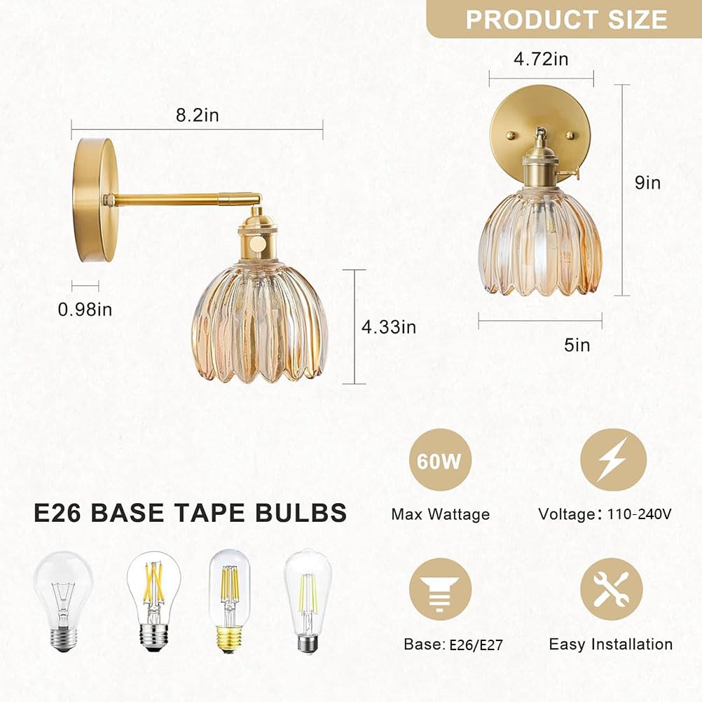 AoLa E27 Vintage Kinkiet wewnętrzny, regulowany w zakresie 180° kinkiet do czytania złoty lamp ścienna z włącznikiem i abażurem w kształcie tulipana lampka nocna do sypialni salonu łazienki