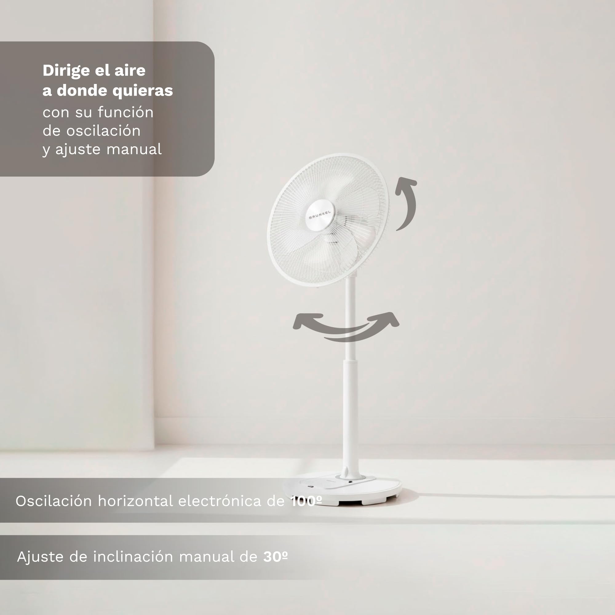 Grunkel Ventilador de Pie Ultrasilencioso PS de 36cm 14” | 12 Velocidades | 7 Aspas | Oscilación 100° | Temporizador 12h | Mando a Distancia | 30W (Blanco control cabezal)