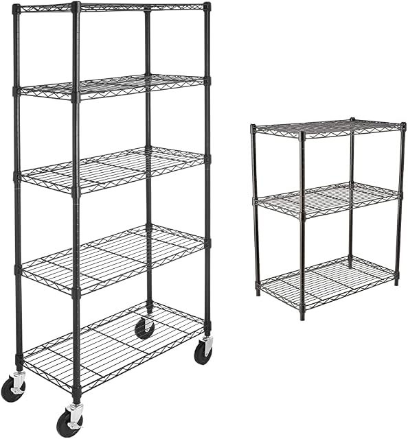 Amazon Basics 5-Shelf Shelving Unit on 4'' Casters, Black & 3-Shelf Shelving Unit, up to 115 kg per shelf, Black